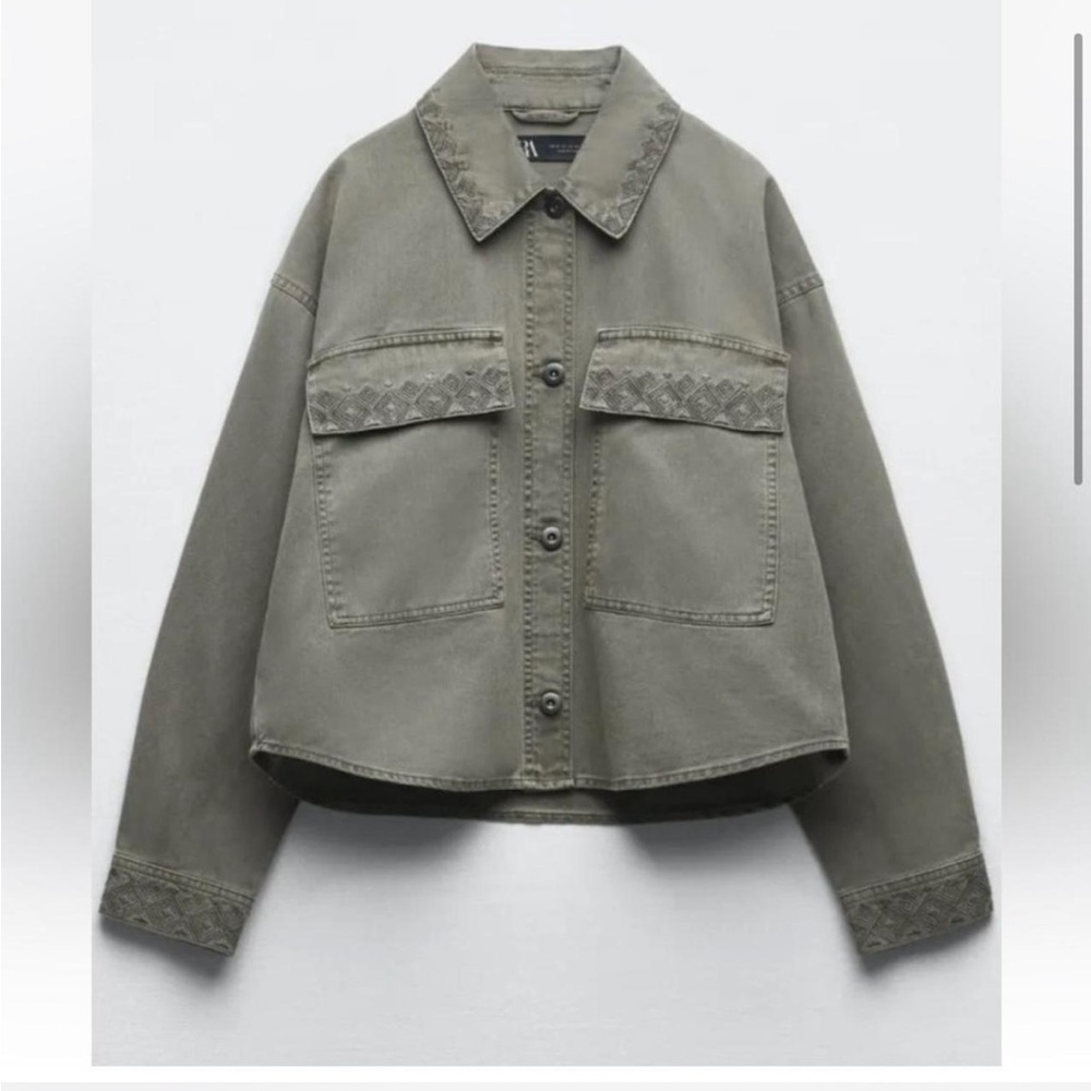 Zara Green Denim embroidered Jacket
